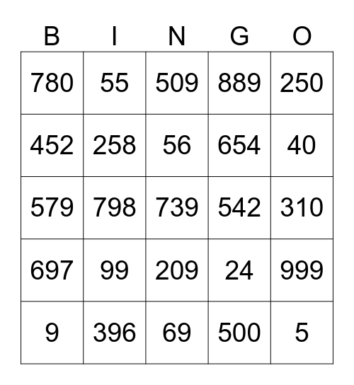 NUMEROS 0-999 Bingo Card