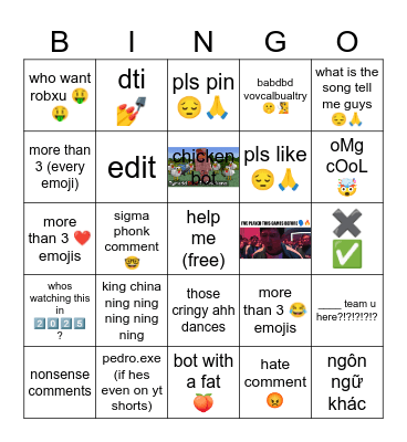 yt shorts comments 😔 Bingo Card