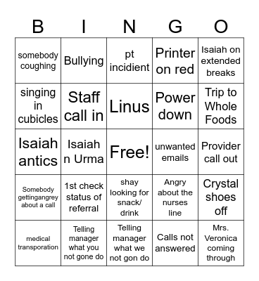 Clinic Bingo Card