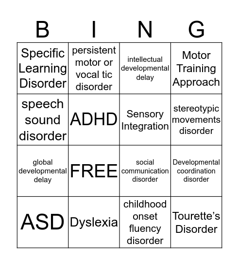 Neurodevelopmental Bingo Card