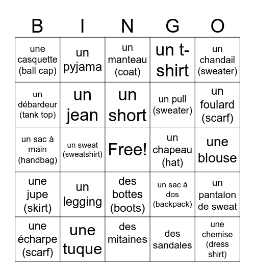 Les Vêtements Bingo Card