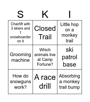 Ski Hill Bingo Card