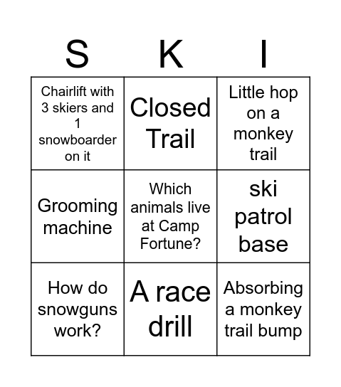 Ski Hill Bingo Card