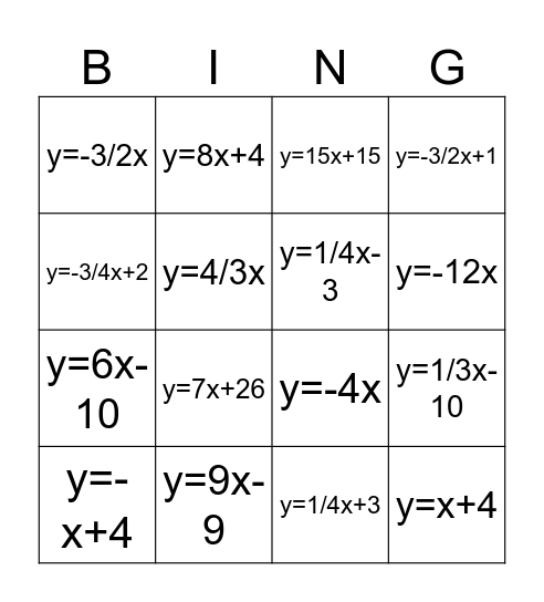 Writing Equations Bingo Card