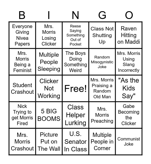 Mrs. Morris's Class Bingo Card