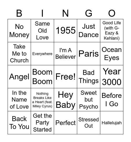 Music Bingo Round 1 Bingo Card