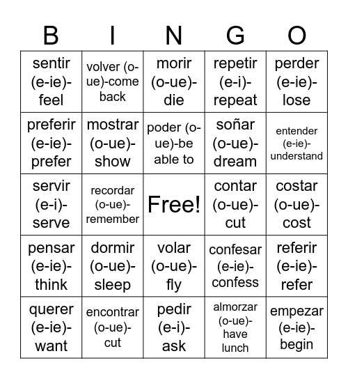 STEM CHANGING VERBS Bingo Card