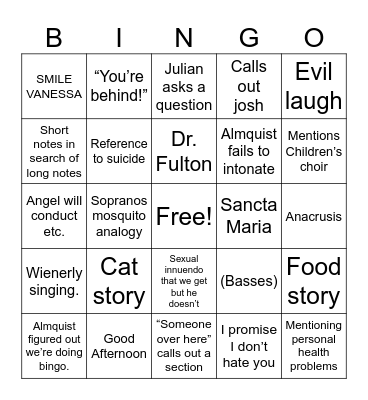 Almquist Says Bingo Card