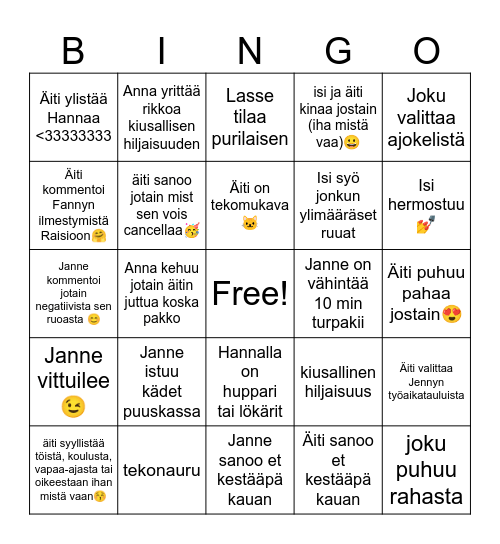 family dinner <333 Bingo Card