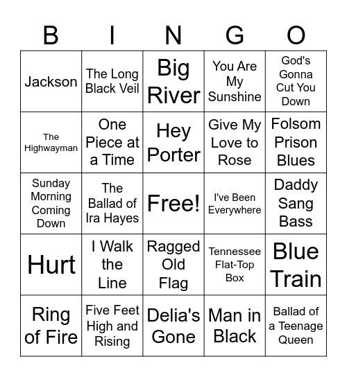 Johnny Cash Bingo Card