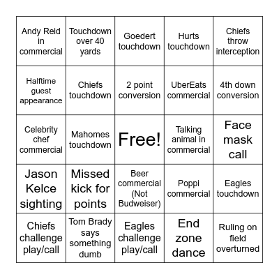 Super Bowl LIX Bingo Card