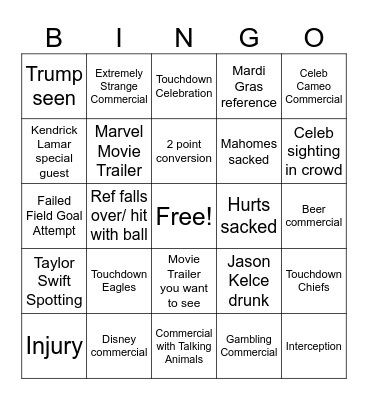 Super Bowl 2025 Bingo Card
