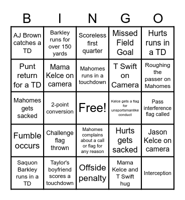 Superbowl Bingo Card