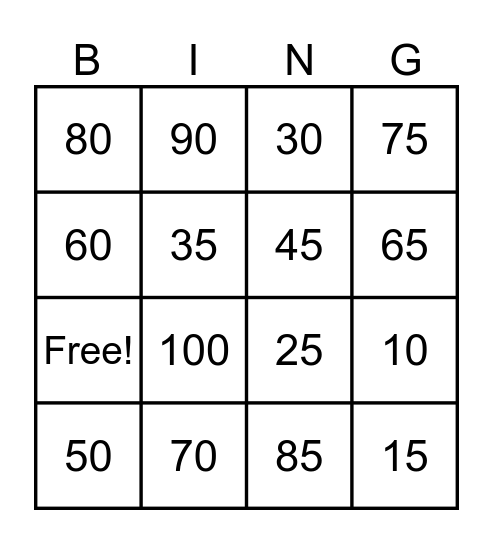 Numbers 5's & 10's Bingo Card