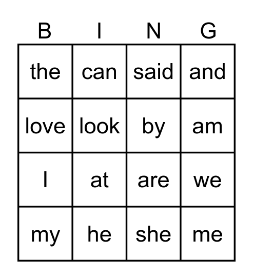 Sight Word Bingo Card