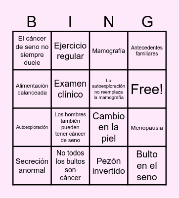 Actua a Tiempo; Detección Temprana y Concienciación sobre el Cáncer de Mama Bingo Card