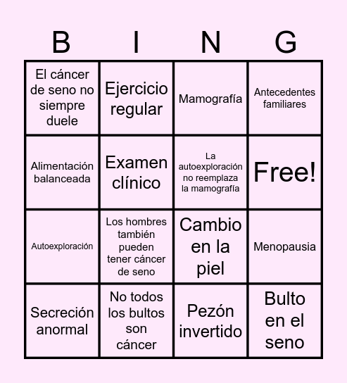 Actua a Tiempo; Detección Temprana y Concienciación sobre el Cáncer de Mama Bingo Card