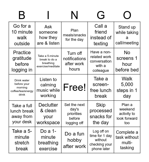 Remote ERG March Wellness Bingo Card