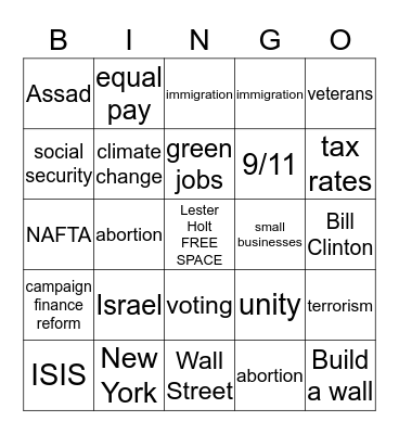 Presidential Debate Bingo Card