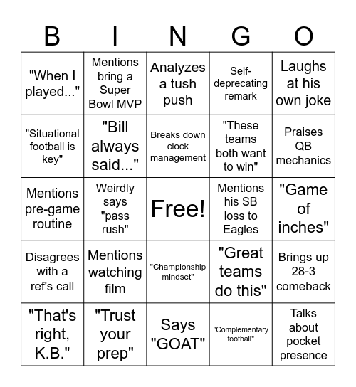 Tom Brady Announcing Bingo Card