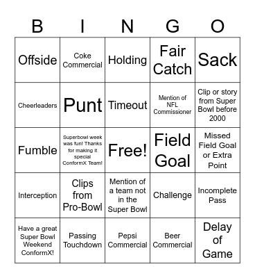 Super Bowl Bingo! Bingo Card