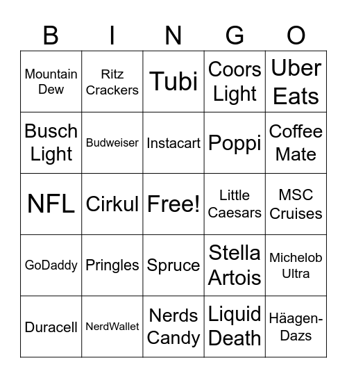 Super Bowl Commerical Bingo Card