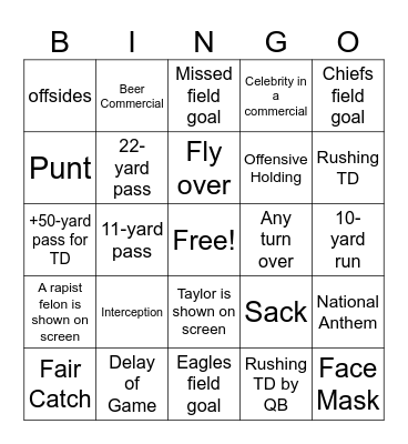 Super Bowl 2025 Bingo Card