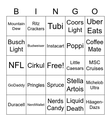 Super Bowl Commerical Bingo Card