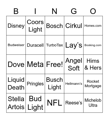 Super Bowl Commerical Bingo Card