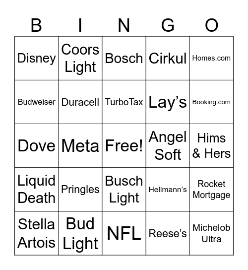 Super Bowl Commerical Bingo Card