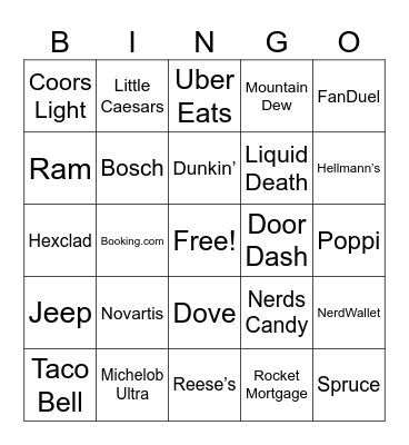 Super Bowl Commerical Bingo Card