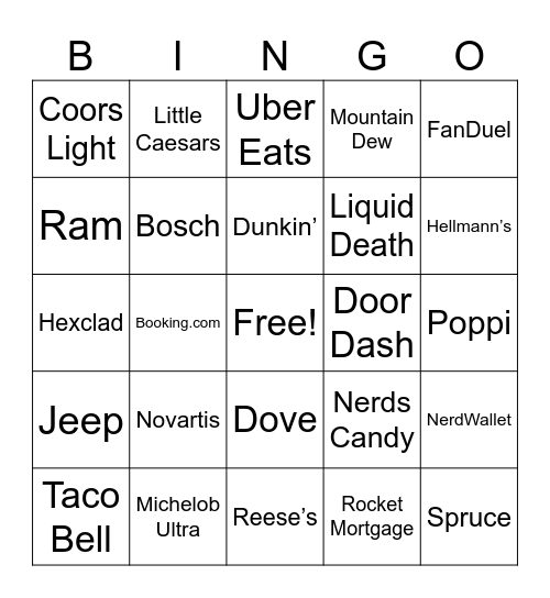 Super Bowl Commerical Bingo Card
