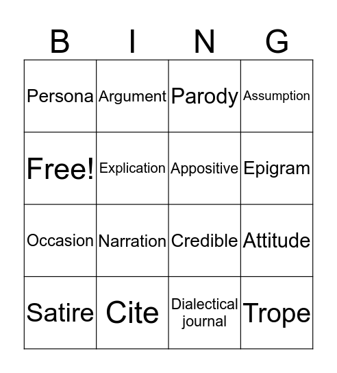 Rhetorical Terms Bingo Card