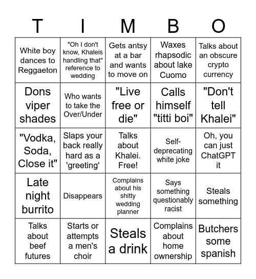 Tim's Bachelor Bingo! (Shh, it's a secret) Bingo Card