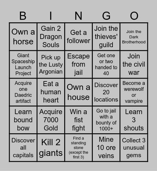 Skyrim Bingo Card