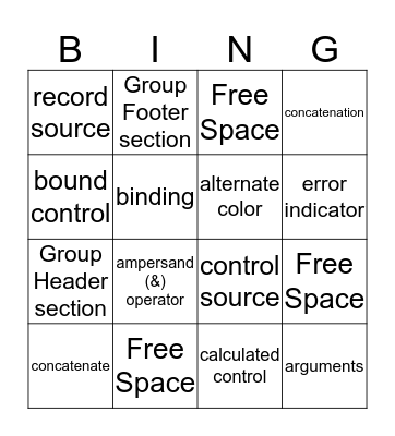 Access Chapter 6 Vocabulary Bingo Card