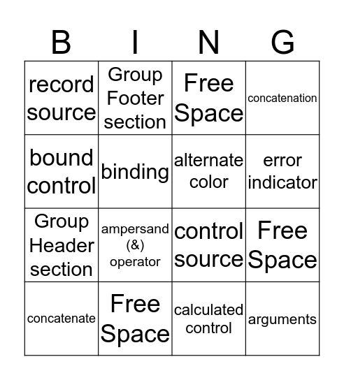 Access Chapter 6 Vocabulary Bingo Card