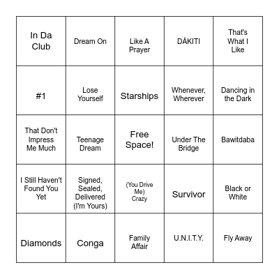 Half Time Show Bingo Card