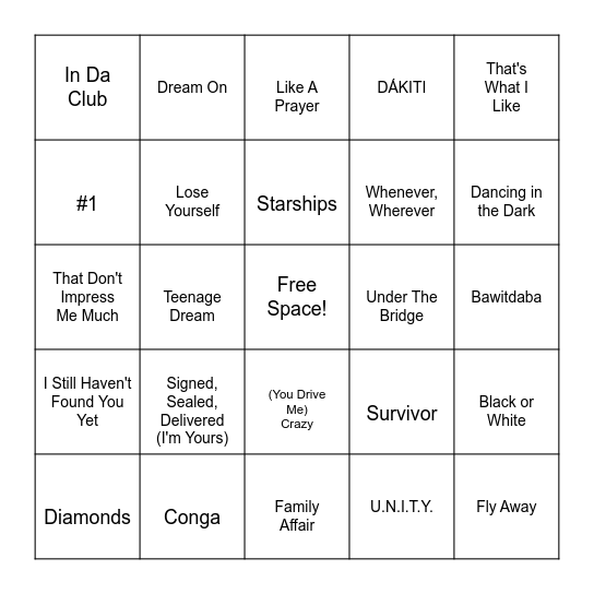 Half Time Show Bingo Card