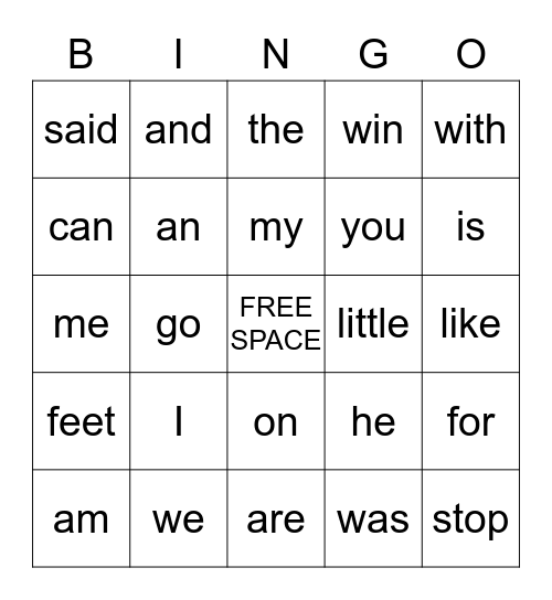 Sight Word BIngo Card