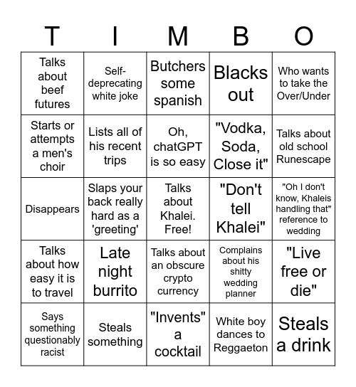 Tim's Bachelor Bingo! (Shh, it's a secret) Bingo Card