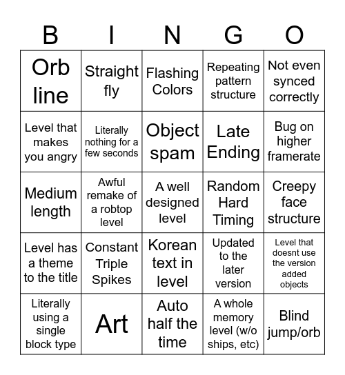 Geometry Dash Old Levels Bingo Card Bingo Card