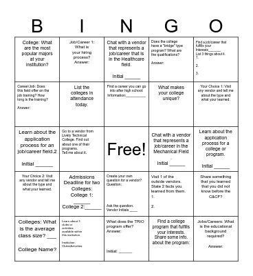 College and Career Fair Cougar BINGO Card