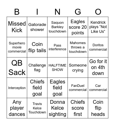 Super Bowl bingo Card