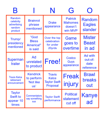 Super Bowl 2025 Bingo Card