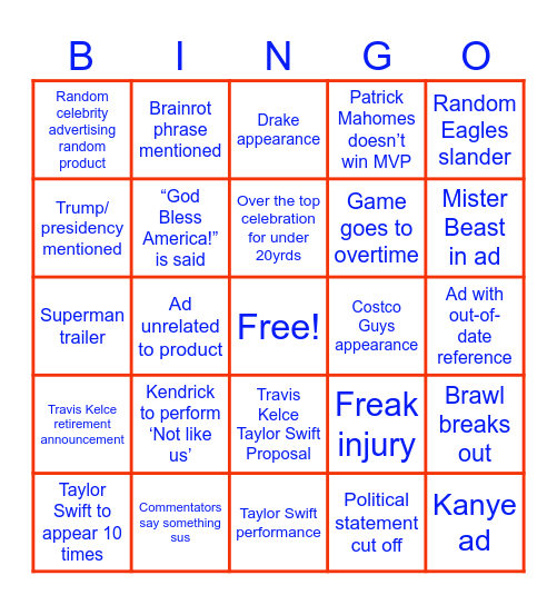 Super Bowl 2025 Bingo Card