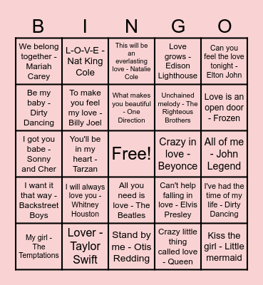 Valentine's Day Love Song Bingo Card