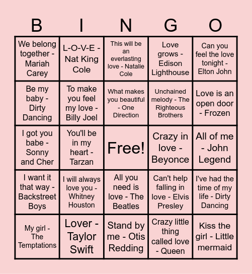 Valentine's Day Love Song Bingo Card