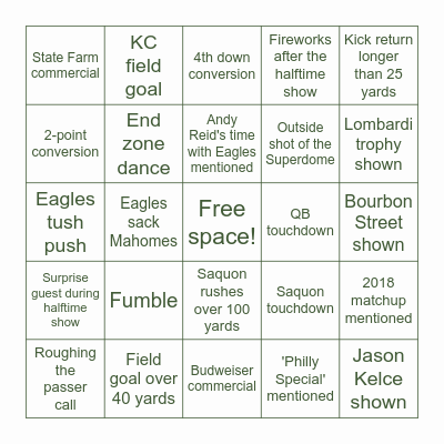 Eagles vs. Chiefs SuperBowl Bingo! Bingo Card