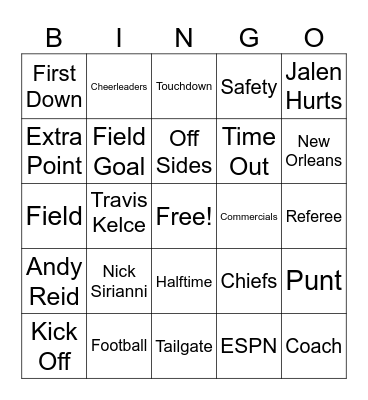 Super Bowl Bingo Card